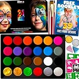 Zenovika Face Painting Kit for Kids - Non-Toxic and Hypoallergenic Face Paint Kit with 24 Colors, Stencils, Book, and Professional Halloween Makeup Kit - Safe and Easy to Use Face Paint Kit for Kids