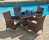SUNCROWN 5 Piece Outdoor Dining Set All-Weather Wicker Patio Dining Table and Chairs with Cushions, Square Tempered Glass Tabletop with Umbrella Cutout for Patio Backyard Porch Garden Poolside