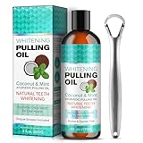Whitening Pulling Oil with Coconut & Peppermint Oil, Mouthwash with Tongue Scraper, Organic Essential Oil and Vitamin D, E, K2 for Oral Care to Help Fresh Breath, Teeth Whitening and Gum Health