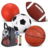 4 Pcs Sport Balls Set for Kids Teens, Include Size 5 Basketball Size 4 Soccer Size 6 Football Playground Ball and Pump, Sports Equipment Bag Christmas Sport Gift for Kids(Normal Color)