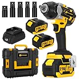 JEXUGK 800N.m Cordless Impact Wrench, 600Ft-lbs 1/2 inch Electric Impact Gun, High Torque Brushless Impact Wrench w/ 2x 4.0Ah Battery, Fast Charger & 5 Sockets for Car Lawn Mower