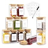 AISIPRIN 12 Pcs 8oz Spice Jars with Label,Bamboo Lids Glass Spice Containers,Seasoning Organizer for Kitchen Storage,114 Labels and Marker Included