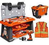 Playhiland 2 in 1 Kids Tool Bench-78 PCS Toddler Tool Bench with Tool Box and Electronic Toy Drill, Pretend Play Construction Toy Set for Kids Girls Boys Ages 3 4 5 6 7 Years Old Dress-up Party