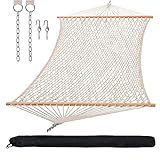 SUNCREAT Hammocks Traditional Rope Double Hammock with Hardwood Spreader Bar and Carrying Bag, 450 lbs Capacity, Natural
