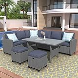 STARTOGOO 5 Piece Outdoor Patio Sofa Furniture Conversation Set, All Weather PE Wicker Sectional Couch Rattan Dining Table Chair with Ottoman and Throw Pillows, Gray