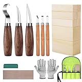 Wood Whittling Kit for Beginners Kids and Adults,Wood Carving kit Set With 8PCS Basswood Carving Blocks,Wood Carving Tools Gift include 6PCS Whittling Knife,Gloves,Roll Bag,Sharpener for Widdling Kit