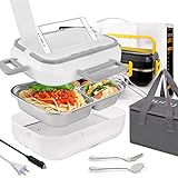 Electric Lunch Box Food Heater, Portable Food Warmer 12V/24V for Car/Truck,110V for Work Home Heated Lunch Box for Adults, Removable 304 Stainless Steel Container, Fork, Spoon, and Carry Bag