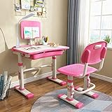 LVYUAN Height Adjustable Children's Desk and Chair Set, Spacious Storage Drawer, with Adjustable Tilted Desktop, Bookstand, Touch Led Lamp for School Students, Kids Interactive Workstation