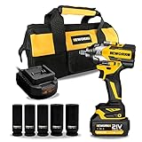 EWORK Cordless Impact Wrench 1/2 inch 21V Brushless High Torque Impact Gun Max 700 Ft-lbs Power with 4.0Ah Li-ion Battery, Fast Charger, 5 Sockets, Tool Bag (RB-810)