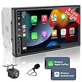 7 Inch Android Double Din Car Stereo Wireless CarPlay & Wireless Android Auto,2+32G Touchscreen Car Radio Receiver with Dual Bluetooth,Live Rearview Camera,AM/FM/RDS, Type C Fast Charge,DSP/Subw