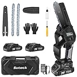 Suteck Mini Chainsaw Cordless 6 Inch, Handheld Battery Powered Mini Chainsaw with Lubrication System, Brushless Motor Chain Saw with Two 21V Rechargeable Battery for Tree Trimming Wood Cutting