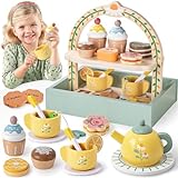 Toyssa Wooden Tea Party Set for Little Girls Toys Toddler Tea Set with Storage Cupcake Stand & Play Kitchen Accessories, Wooden Toys for Toddlers 2 3 4 5 6 Years Old, Birthday Kids Girls Gifts 1-3