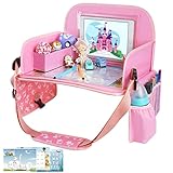 Kids Travel Tray for Toddler Car Seat, MENZOKE Lap Tray for Girl Activities with Dry Erase Board & Cooler Cup Holder, Road Trip Essentials Accessories with No-Drop Large Tablet iPad Holder Stand,Pink
