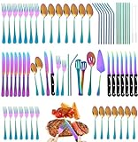 69 Piece Rainbow Silverware Set with Steak Knife Service For 8, Colorful Flatware Cutlery Set Stainless Steel Utensils Mirror Polishe Spoons and Forks with Metal Straw, Slotted Spoon, Tongs, Tableware