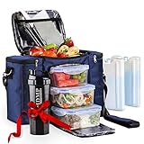 My Daily Meal Plan Navy Blue 45 Oz. Insulated Lunch Bag/Box For Men, Women + 3 Large Food Containers + 2 Big Reusable Ice Packs + Shoulder Strap + Shaker With Storage