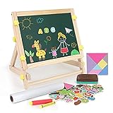 Aomola Kids Tabletop Easel with Paper Roll,Double-Sided Whiteboard & Chalkboard Tabletop Easel with Magnetic Letters & Numbers and Other Magnetic Puzzle Accessories for Kids and Toddlers
