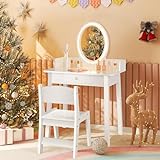 HONEY JOY Kids Vanity Set with Lighted Mirror, 2 in 1 Princess Toddler Dressing Table w/Drawer, Jewelry Tree Organizer, Wooden Makeup Table & Chair Set, Pretend Play Vanity Set for Little Girls, White