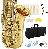 Eastar Professional Alto Saxophone E Flat Alto Saxophone Eb Saxophone Gold With Cleaning Cloth, Carrying Case, Mouthpiece, Neck Strap, Reeds and Stand, Alto Saxophone Full Kit, AS-Ⅲ