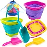 Sloosh 3 Packs Foldable Bucket - Collapsible Bucket with Sand Shovels and Mesh Backpack for Kids Toddlers Beach Toys, Easter Egg Hunt, Camping, Travelling and Fishing Water Pail (Pink/Purple/Green)