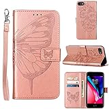 Compatible for iPhone SE 2022 Case,iPhone 7/8 Wallet Case,iPhone SE 2020 Case,6/6S Case,[Kickstand][Wrist Strap][Card Holder Slots] Butterfly Floral Embossed Leather Flip Protective Cover (Rose Gold)