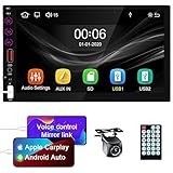 Double Din Car Stereo Radio Voice Control Carplay Android Auto 7 Inch HD Touch Screen Bluetooth MP5 Player with 2 USB,Front Backup Camera,Mirror Link,FM AM Car Radio Receiver,Subwoofer,TF,AUX,SWC