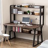 Leconte Computer Desk with Hutch, 47” Writing Study Table + Book and Storage Shelves, Space Saving Home Office Workstation, Brown