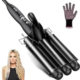 Hair Waver, 1 Inch 3 Barrel Curling Iron Wand 25mm Hair Crimper, Temperature Adjustable Heat Up Quickly Beach Waves Curling Iron Black