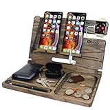 BARVA Wood Docking Station Foldable Nightstand Organizer Side Table 2 Phone Wallet Watch Stand Key Holder Tablet Charging Dock Desk Accessories Bedside Farmhouse Decor EDC Birthday Gifts for Men