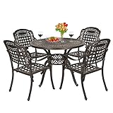 OKIDA 5 Piece Outdoor Cast Aluminum Patio Dining Set, Conversation Furniture Set for Patio Deck Garden with 4 Chairs and Round Table, Umbrella Hole, Flora and Lattice Design…