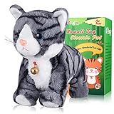 Pattern Gray Robotic Cat Toy for Kid That Move and Meow Purrs Touch Control Kitten Toys Animated Realistic Kitty Toys Kitten Robot Toy for Halloween Birthday H:12'