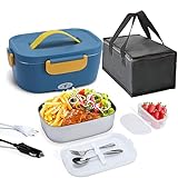 HOLDRUBY Heated Lunch Boxes for Adults, 75W Electric Lunch Box Food Heated 12/24/110V 1.5L Heatable Lunch Box for Car/Truck Leak-Proof Removable Stainless Steel Container, Fork & Spoon, Bag