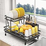 Dish Drying Rack - Large 2 Tier Dish Racks for Kitchen Counter, Collapsible Dish Drainer with Utensil Holder for Dishes, Knives, Spoons and Forks, Black