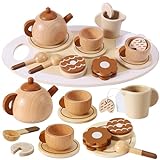 HERSITY Tea Set Toddler Wooden Food Play Toys Afternoon Tea Party Kids Kitchen Accessories Gifts for Little Girls Boys 3-5 Years Old