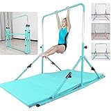 Seliyoo Junior Foldable Gymnastics kip bar with Fiberglass Cross bar,Adjustable arms from 3' to 5' Gymnastics bar with Wheels,Easy to Assembly,Safe Training for Kids (Teal-Mat)