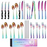 30 Piece Rainbow Silverware Set, Stainless Steel Cutlery Flatware Set with Food Tong and Metal Straw, Home Kitchen Utensil Set Service for 4, Mirror Polished DSNN Tableware