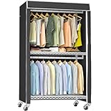 VIPEK V12C Heavy Duty Rolling Garment Rack with Cover Clothing Rack for Hanging Clothes Portable Closets with Adjustable 3 Wire Shelving and Double Rods Wardrobe on Wheels, White Rack with Black Cover