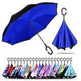 owen kyne Windproof Double Layer Folding Inverted Umbrella, Self Stand Upside-down Rain Protection Car Reverse Umbrellas with C-shaped Handle (Sapphire Blue)