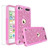 New iPod Touch Case,iPod Touch 6th Case,iPod 5th Generation Case [Tempered Glass] Shockproof Glitter Bling Hybrid Silicone Protective Case Compatible for Apple iPod Touch 5 6th Generation - Hot Pink