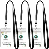3 Pack Clear ID Badge Holder with Lanyard Black Lanyards with Vertical Waterproof ID Badge Holder for Office, School, Travel