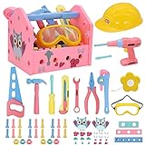 Magic4U Toy Tool Set Girl Pretend Play Construction Tool Accessories Tool Toys with Hat Tool Box Tape Measure Toy Electric Drill Hammer