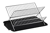 Deluxe Chrome-Plated Steel Foldable X Shape 2-Tier Shelf Small Dish Drainers with Drainboard (BlackII)