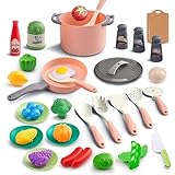 JokerKing 35Pcs Kids Kitchen Toy Accessories, Toddler Pretend Cooking Playset with Play Pots and Pans, Utensils Cookware Toys, Play Food Set, Toy Vegetables, Learning Gift for Girls Boys (Pink)