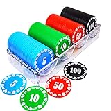 Lynkaye Plastic Poker Chips 100 Poker Chip Set with Storage Box，Denomination Printed Casino Style Chip for Texas Home Game Nights,Holdem Poker Nights,Blackjack or Roulette Games,Casino Parties
