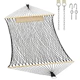 JoyView Traditional Rope Double Hammock - Hand Woven Cotton Hammock with Hardwood Spreader Bar and Pillow 450lb Capacity 2 Person Hammock for Outdoor Indoor Patio Yard - Black