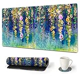 ARTSO Large Gaming Mouse Pad Extended Desk Pad XL Keyboard Mat Long Mousepad Decor Writing Pad 31.5x15.7inch Non Slip Rubber Base with Stitched Edges for Work, Game -Oil Painting Flowers
