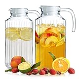Set of 2 Glass Pitchers with Lid and Spout, 1.8 Liters Ribbed Design Fridge Door Water Dispenser with Handle for Chilled Beverages, Homemade Juice, Iced Tea or Water