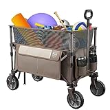 TIMBER RIDGE 8 Cu.Ft. Extra Large Collapsible Folding Wagon Carts, Heavy Duty Outdoor Camping Utility Wagons with Extended Height, Adjustable Handle, Cup Holders(Tan)