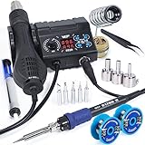 WEP 882D Soldering Iron Station 2-IN-1 SMD Hot Air Rework Station with 2 Spools of Solder Wire, 5 Soldering Tips, 3 Hot Air Nozzles, Brass Wool Tip Cleaner, Tweezers, Desoldering pump