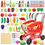 Tagitary Shopping Cart Toy for Kids,82 PCS Toddler Play Grocery Cart with Shopping Bag,Included Plastic Play Food Veggies, Play Money Cash and Coins, Learning Toys Play Kitchen Accessories for Kids