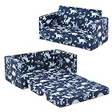 Ulax Furniture Kids Fold Out Couch 2-in-1 Children Convertible Sofa to Lounger with Soft Plush Fabric (Navy Dinosaur)
